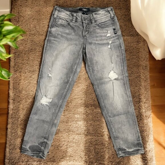 Silver Brand Gray Distressed Elyse Skinny Crop Jeans Waist 25 - Picture 1 of 13